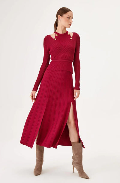 DOUBLE SLIT KNIT SKIRT, BURGUNDY