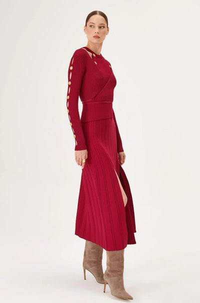 DOUBLE SLIT KNIT SKIRT, BURGUNDY