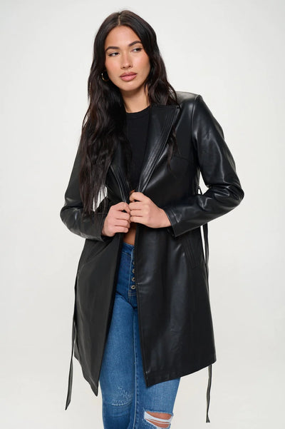 VEGAN LEATHER TRENCH COAT, BLACK