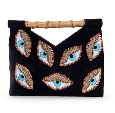 VELVET BAG WITH BAMBOO HANDLES