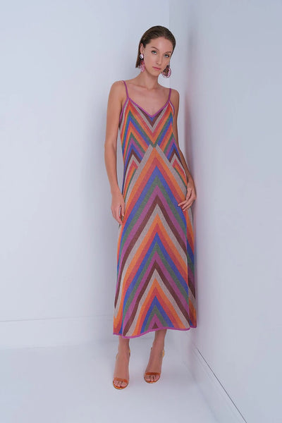 STRIPED MULTI MIDI KNIT DRESS