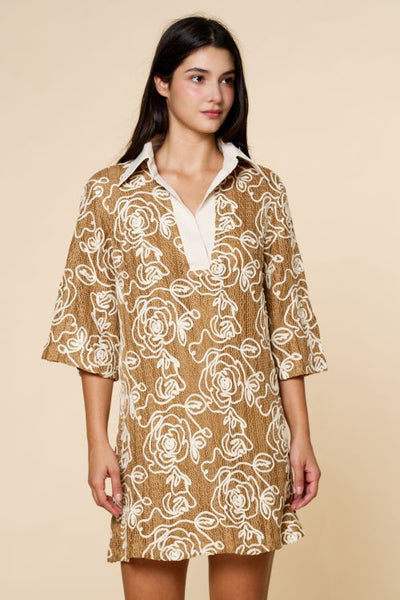 EMBROIDERED COLLARED MINI DRESS