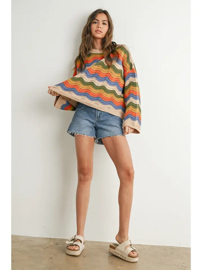COLOR BLOCK WAVE KNIT SWEATER